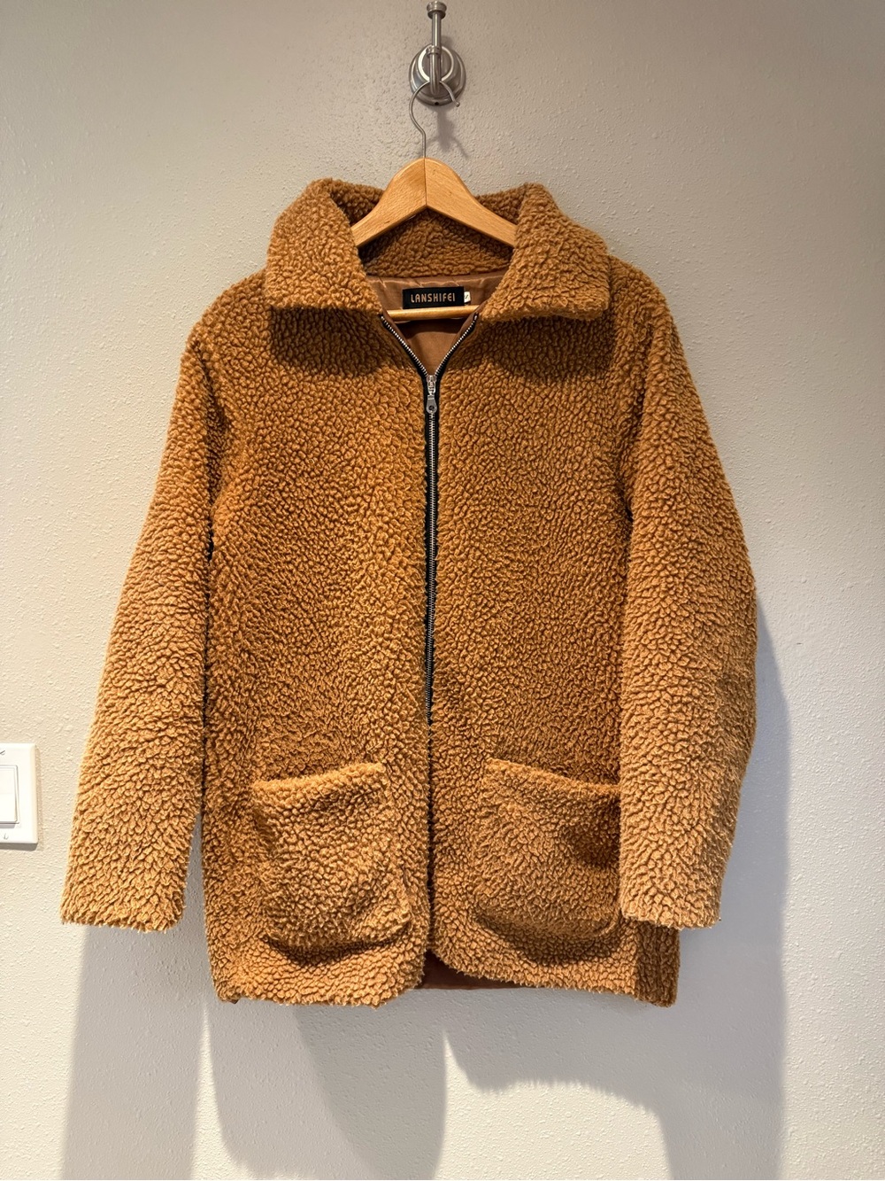 Lanshifei Teddy Bear Fleece Jacket Full Zip Tan Brown Size Small